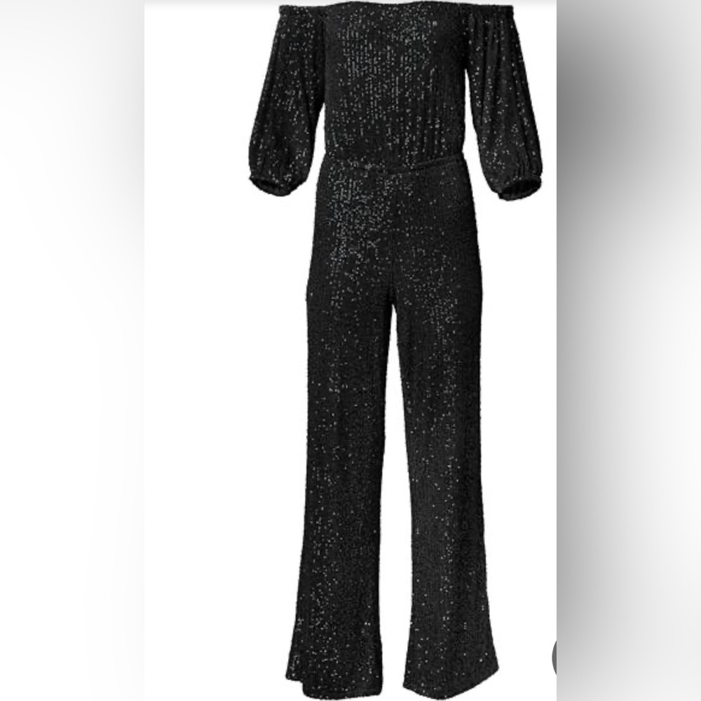 Black off shoulder sequins jumpsuit.